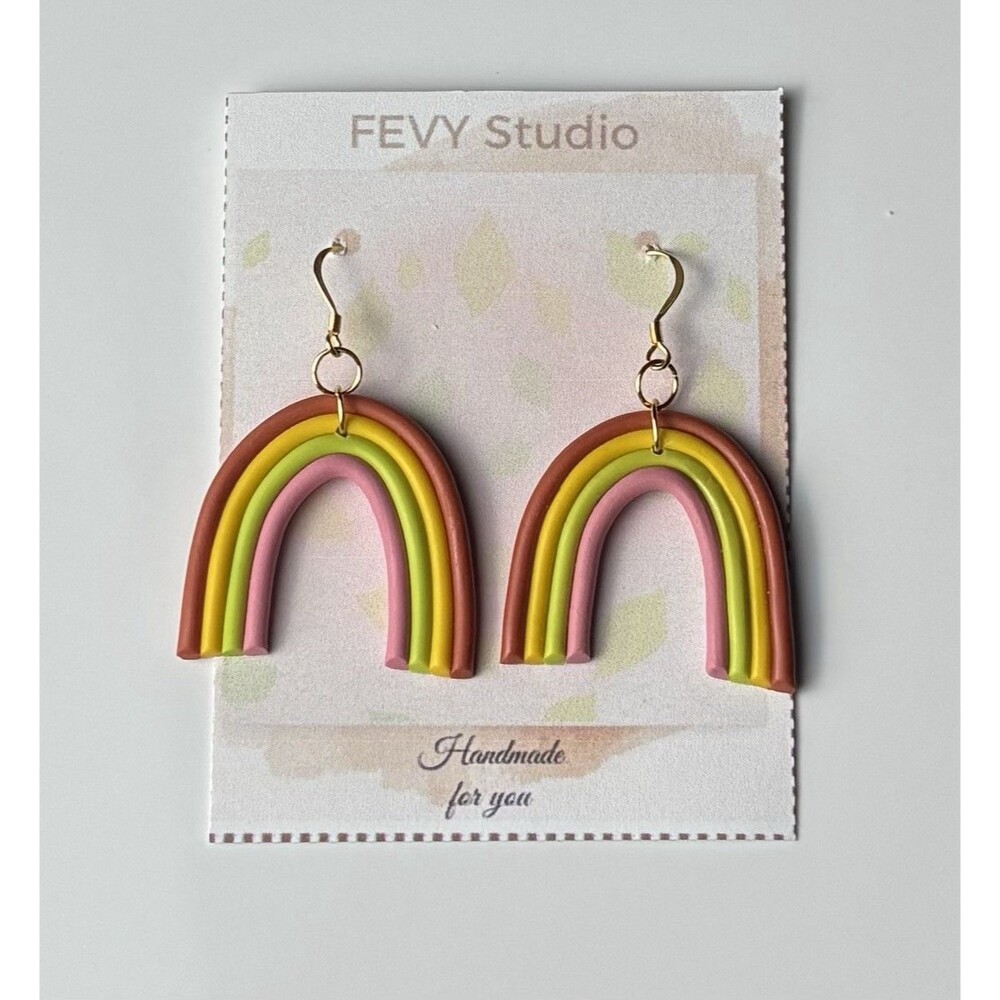 Handmade Polymer Clay Statement Earrings Stainless Steel Rainbow Design